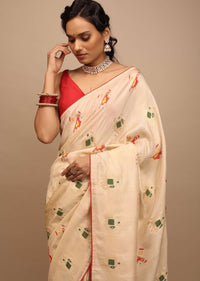 Off White Saree In Dola Silk With Woven Patola Buttis And Red Unstitched Blouse