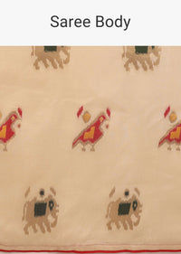 Off White Saree In Dola Silk With Woven Patola Buttis And Red Unstitched Blouse