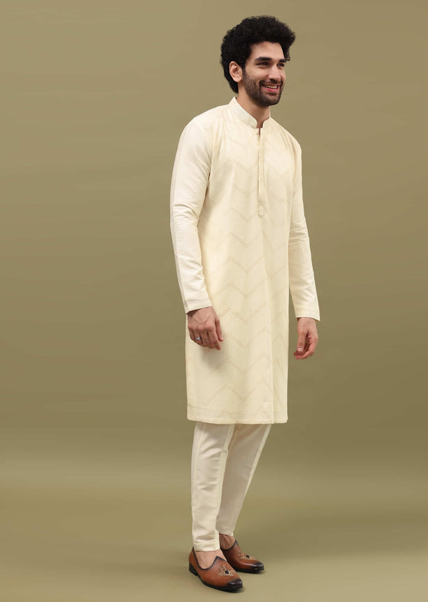 Off White Self Work Silk Kurta Set For Men