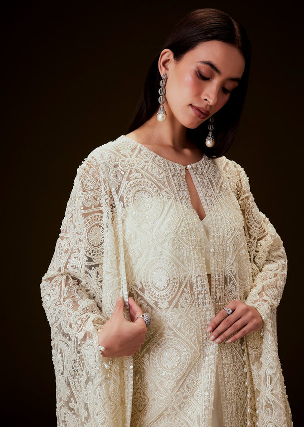 Off White Sequence Crepe Gathered Sharara Set With Fancy Sleeves Jacket