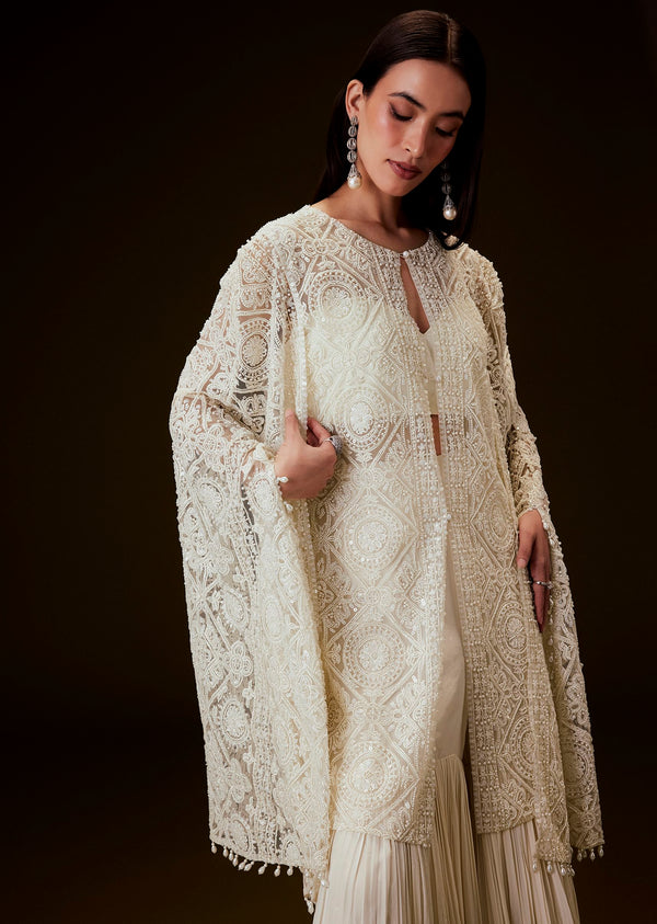 Off White Sequence Crepe Gathered Sharara Set With Fancy Sleeves Jacket