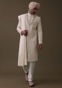 Off White Sherwani Set In Silk With Lucknowi Embroidery