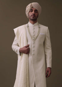 Off White Sherwani Set In Silk With Lucknowi Embroidery