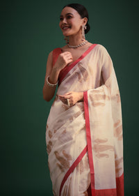Off White Silk Handloom Saree With Contrast Colour Border And Pallu