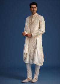 Off White Silk Sherwani Set With Dupatta