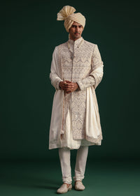 Off White Silk Threadwork Sherwani Suit With Dupatta And Mala