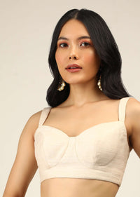 Off White Sleeveless Blouse In Raw Silk With Corset Neckline And Straps On The Shoulder