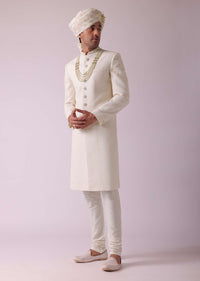 Off White Thread Embroidered Sherwani Set In Georgette