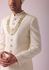 Off White Thread Embroidered Sherwani Set In Georgette