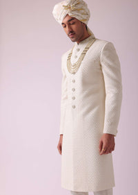 Off White Thread Embroidered Sherwani Set In Georgette