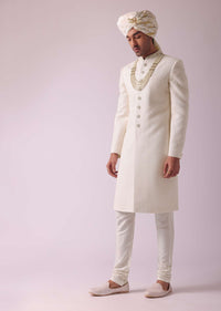 Off White Thread Embroidered Sherwani Set In Georgette