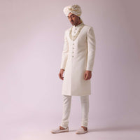 Off White Thread Embroidered Sherwani Set In Georgette