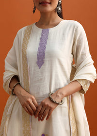 Off White Thread Weave Kurta Set With Dupatta