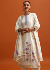 Off White Thread Weave Kurta Set With Dupatta