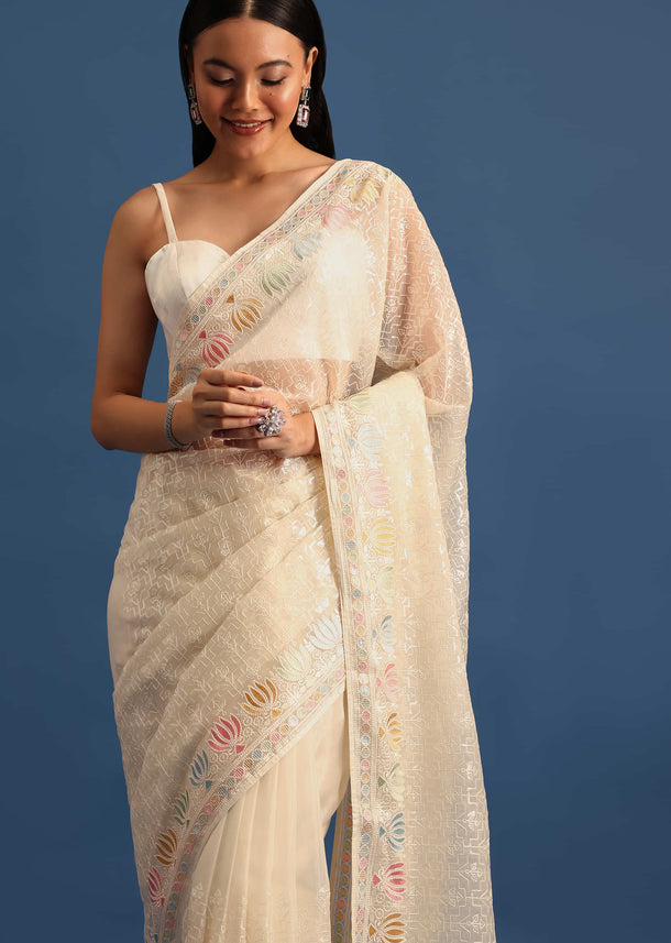 Off White Tissue Saree In Sequin With Unstitched Blouse