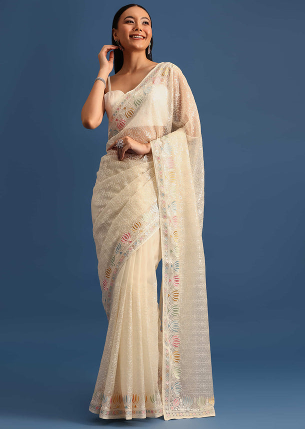 Off White Tissue Saree In Sequin With Unstitched Blouse