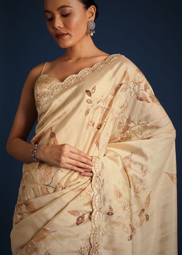 Off White Tussar Silk Floral Print Saree with Mirror Work