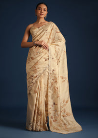 Off White Tussar Silk Floral Print Saree with Mirror Work