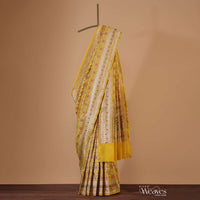 Honey Yellow Banarasi Patola Saree In Katan Silk And Ikat Weave With Unstitched Blouse