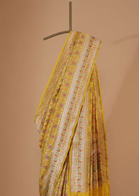 Honey Yellow Banarasi Patola Saree In Katan Silk And Ikat Weave With Unstitched Blouse