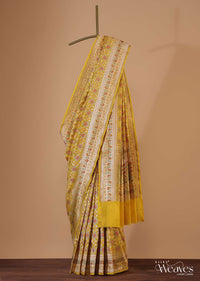 Honey Yellow Banarasi Patola Saree In Katan Silk And Ikat Weave With Unstitched Blouse