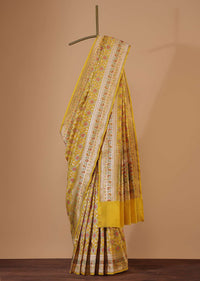 Honey Yellow Banarasi Patola Saree In Katan Silk And Ikat Weave With Unstitched Blouse