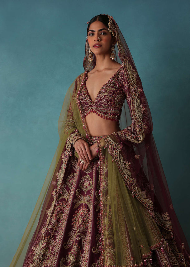 Oldrose Red Embroidered Bridal Lehenga And Blouse Set With Aari Work