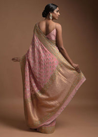 Pink Banarsi Saree In Georgette With Golden And Silver Weaved Checks And Floral Buttis Online - Kalki Fashion