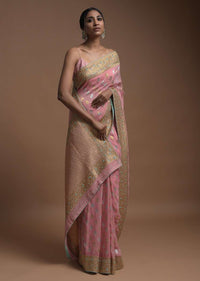 Pink Banarsi Saree In Georgette With Golden And Silver Weaved Checks And Floral Buttis Online - Kalki Fashion