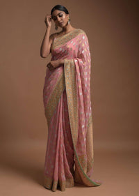 Pink Banarsi Saree In Georgette With Golden And Silver Weaved Checks And Floral Buttis Online - Kalki Fashion