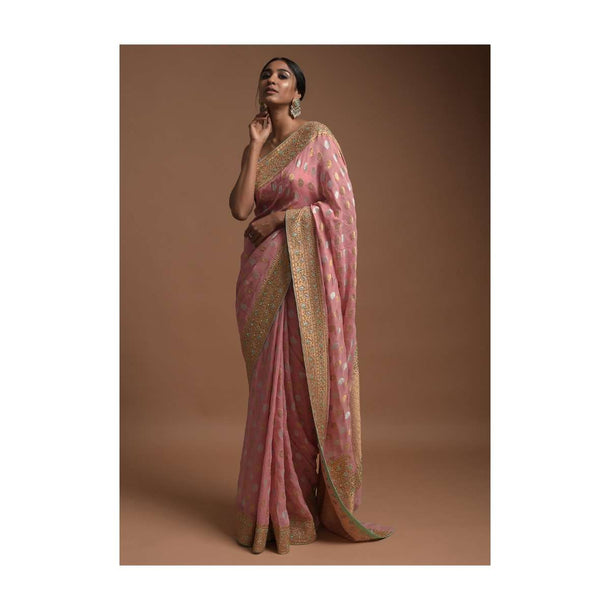 Pink Banarsi Saree In Georgette With Golden And Silver Weaved Checks And Floral Buttis Online - Kalki Fashion