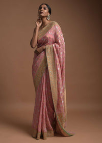 Pink Banarsi Saree In Georgette With Golden And Silver Weaved Checks And Floral Buttis Online - Kalki Fashion