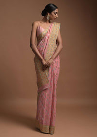 Pink Banarsi Saree In Georgette With Golden And Silver Weaved Checks And Floral Buttis Online - Kalki Fashion