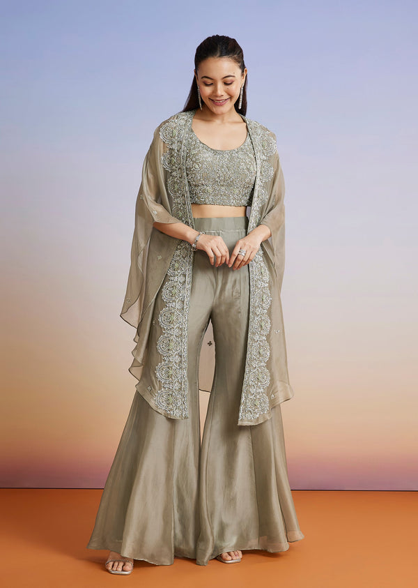 Olive Embroidered Organza Cape Palazzo Set