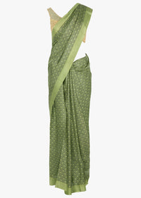 Olive green cotton silk saree in floral print only on Kalki