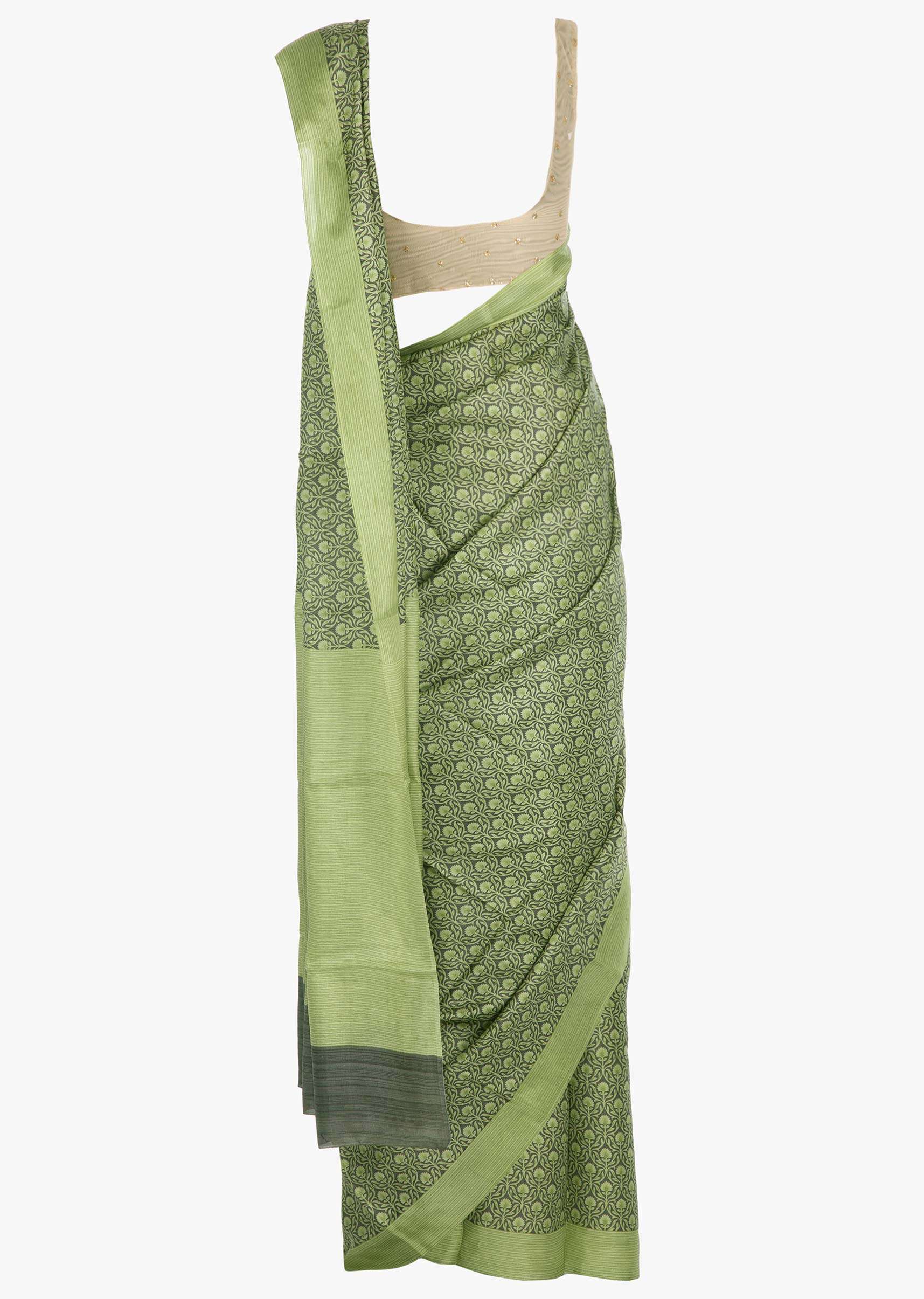 Olive green cotton silk saree in floral print