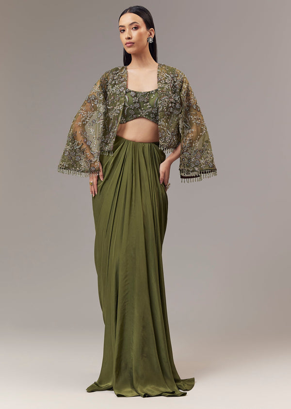 Olive Green Crepe Crop Top And Drape Skirt Set With Embroidered Cape