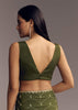 Olive Green Embroidered Chinon Saree With Scallop Border