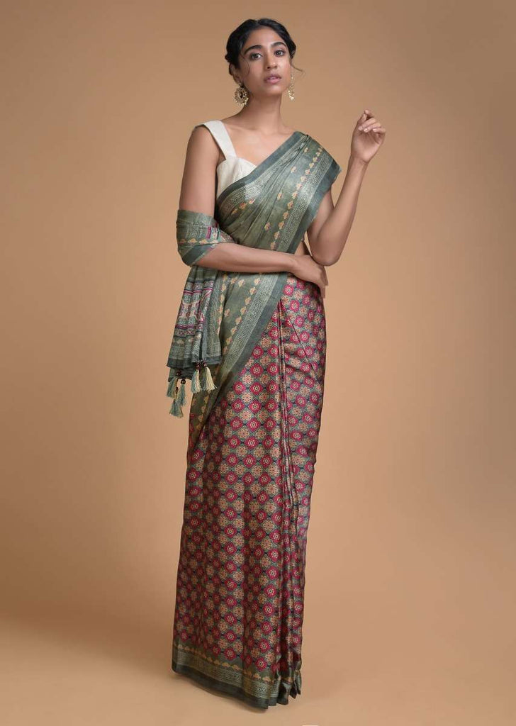 Olive Green Half And Half Saree In Satin Blend With Printed Floral Buttis And Jaal Pattern Online - Kalki Fashion