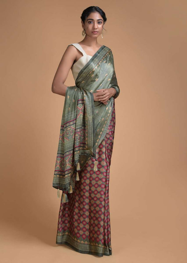 Olive Green Half And Half Saree In Satin Blend With Printed Floral Buttis And Jaal Pattern Online - Kalki Fashion