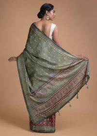 Olive Green Half And Half Saree In Satin Blend With Printed Floral Buttis And Jaal Pattern Online - Kalki Fashion