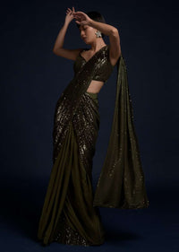 Olive Green Ready Pleated Saree In Crepe With Sequins Pallu And Matching Sleeveless Blouse