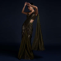 Olive Green Ready Pleated Saree In Crepe With Sequins Pallu And Matching Sleeveless Blouse