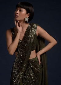 Olive Green Ready Pleated Saree In Crepe With Sequins Pallu And Matching Sleeveless Blouse