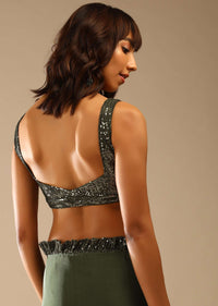 Olive Green Saree In Crepe With Sequins Ruffle On The Border, Sequins Blouse With Front Cut Out And Embellished Belt