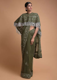 Olive Green Saree In Net With Matching Cape Having Floral Jaal Embroidery Online - Kalki Fashion