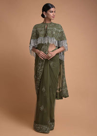 Olive Green Saree In Net With Matching Cape Having Floral Jaal Embroidery Online - Kalki Fashion