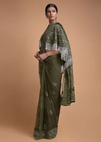 Olive Green Saree In Net With Matching Cape Having Floral Jaal Embroidery Online - Kalki Fashion