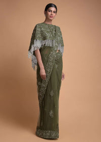 Olive Green Saree In Net With Matching Cape Having Floral Jaal Embroidery Online - Kalki Fashion