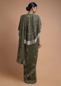 Olive Green Saree In Net With Matching Cape Having Floral Jaal Embroidery Online - Kalki Fashion